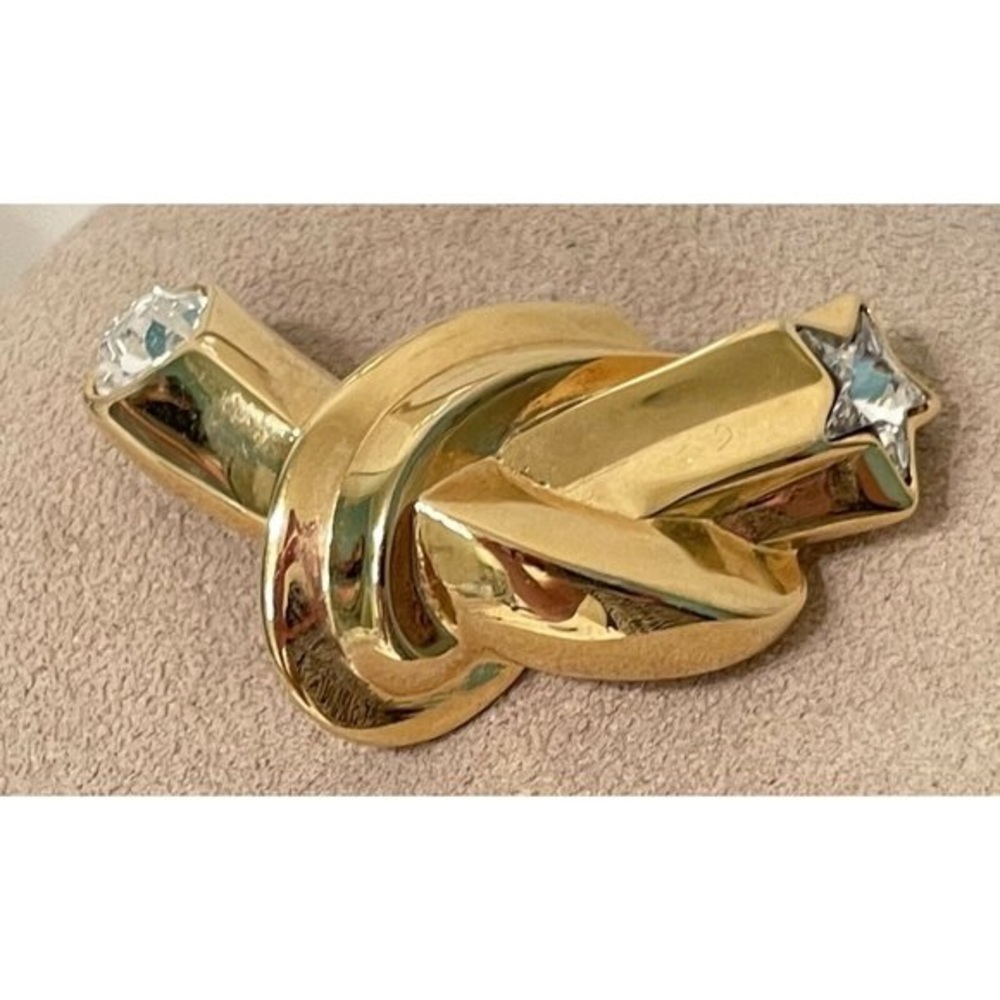 Vintage KJL Gold Tone Knot Crystal Star & Heart Brooch Pin